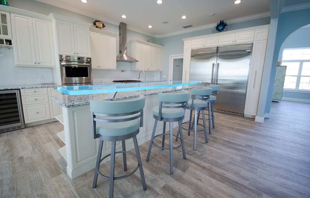 kitchen island with raised bar top with LED's.