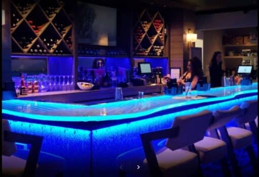Raised Glass Countertops Bar Designs with LED's. Glass Bar restaurant countertop with led illumination compare glass countertops