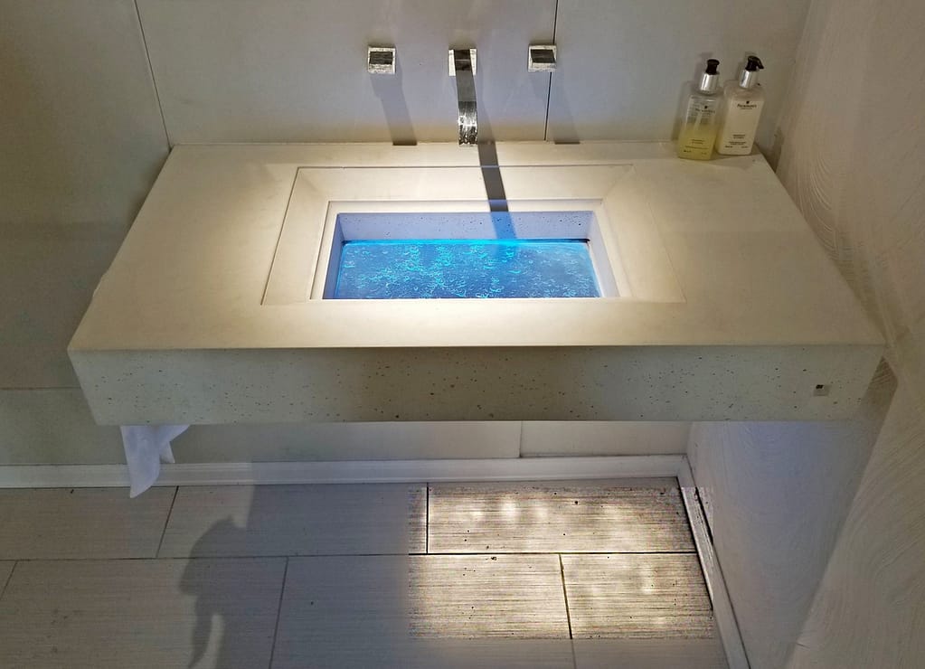 SurfSink Glass Sink Down Lit with 10 degree narrow beam ceiling light
