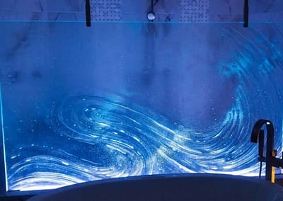 Glass Shower wall with artistic texture and LED Lighting Bonita Springs Florida modern bathroom design