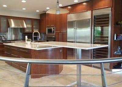 White Glass Island Countertop with white glass bar top in Tampa, Fl