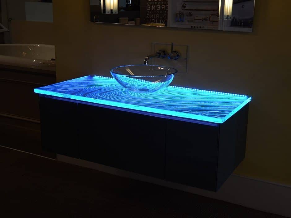 Robern Vanity v14 at night with LED Glass Countertop
